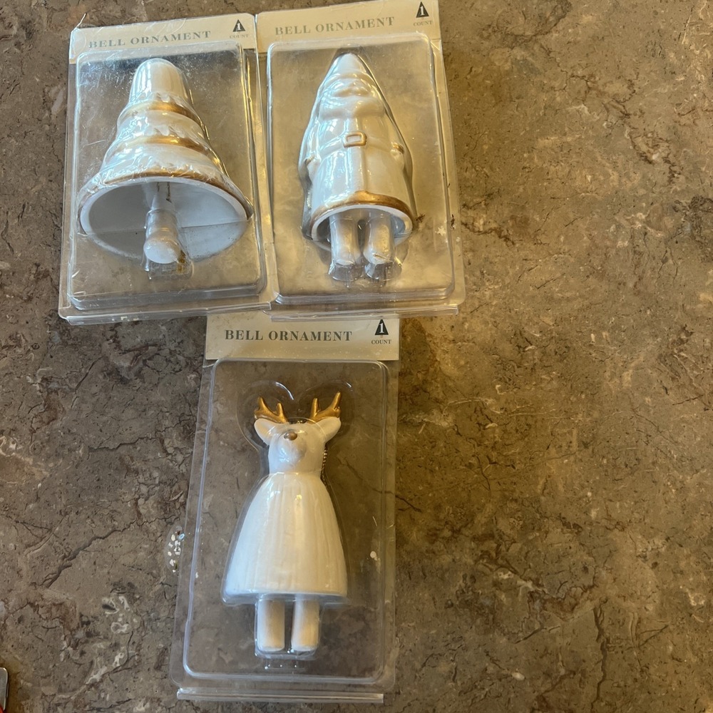 3 White & Gold Christmas Tree, Santa ,Reindeer Bell Ornaments
